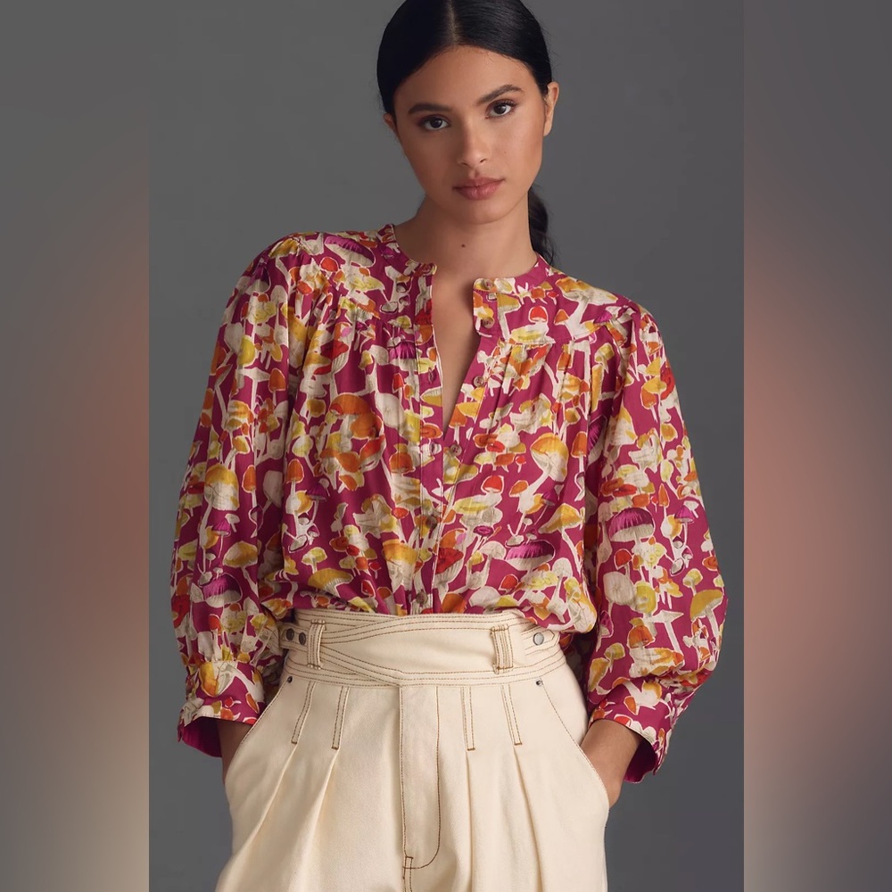 Anthropologie Maeve Vibrant Mushroom Print Femme Collarless Shirt Blouse NWT